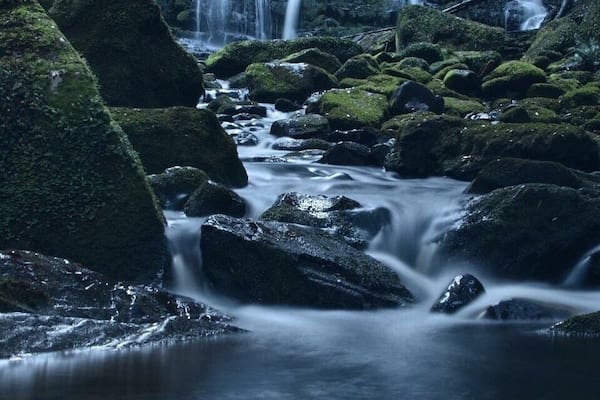 A waterfall cascading over moss-covered rocks in a forested area.