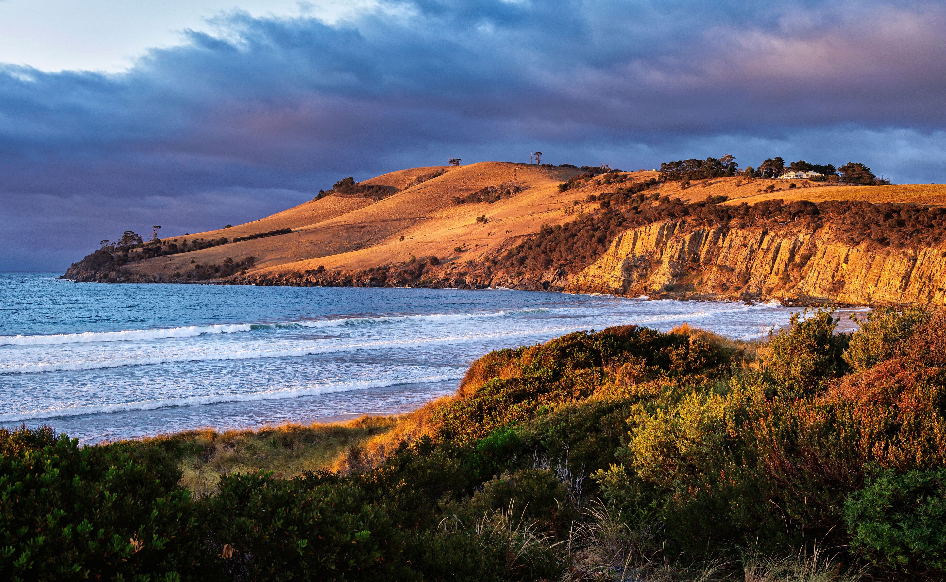 A coastal landscape with rolling hills, a beach, and a cliff overlooking the ocean.