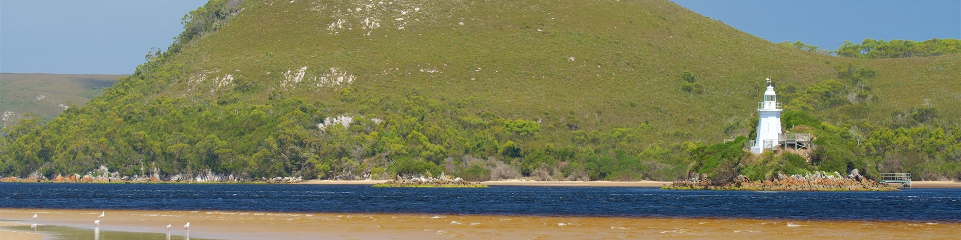 Macquarie Heads featuring a beach, a lighthouse and a river or creek