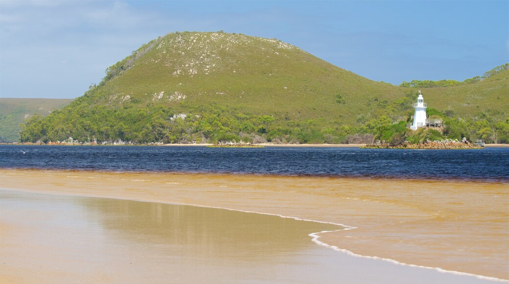 Macquarie Heads featuring a sandy beach, a lighthouse and a river or creek