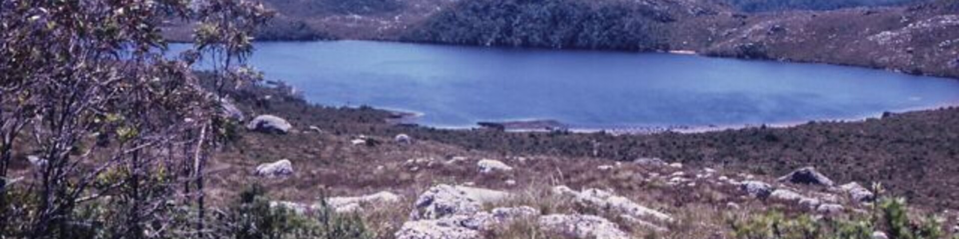 Lake Julia  on the West Coast of Tasmania, Australia. 
No piers, boats, hot-dogs stands or any human dwellings. Just a glacial lake in the wilderness of the West Coast of Tasmania.
It has a beach on which you can camp. Please take all your rubbish with you when you leave.