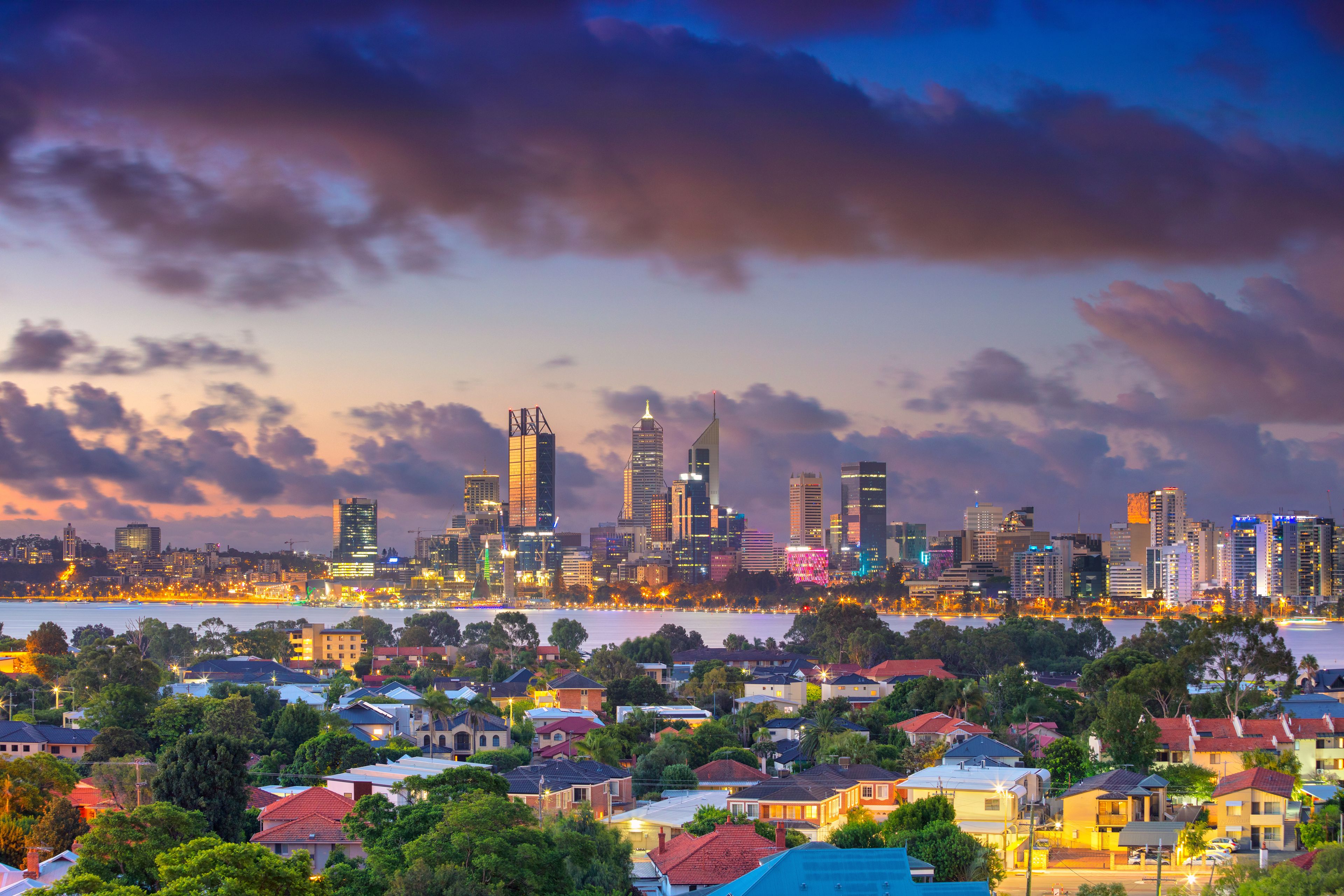 Perth. Aerial cityscape image of Perth skyline, Australia during dramatic sunset.