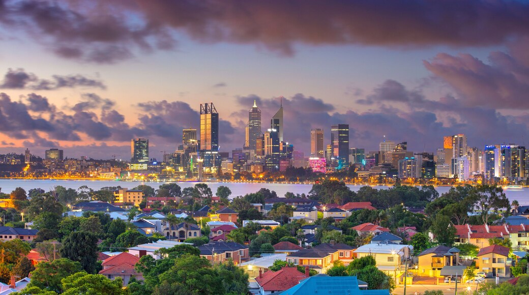 Perth. Aerial cityscape image of Perth skyline, Australia during dramatic sunset.