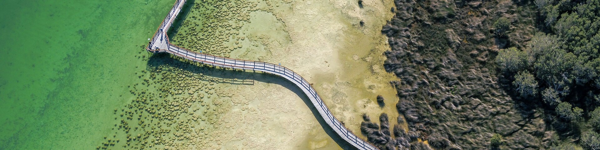 An aerial view of a curved bridge over a shallow, rocky water body with clear green water, leading to a forested area.
