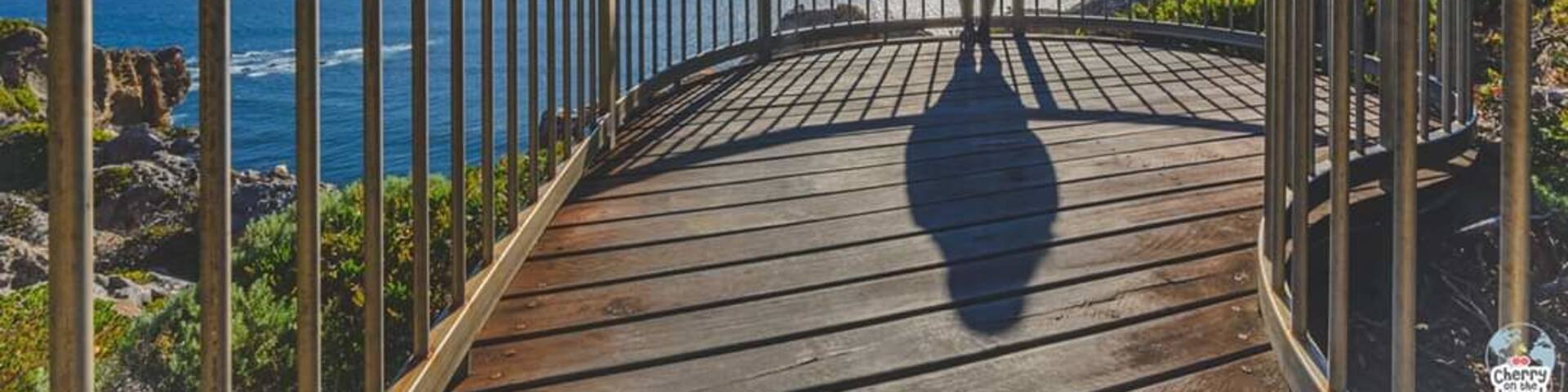 A person standing on a wooden deck overlooking a coastal landscape with a clear sky and sun shining brightly.