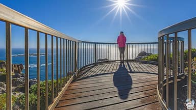 A person standing on a wooden deck overlooking a coastal landscape with a clear sky and sun shining brightly.
