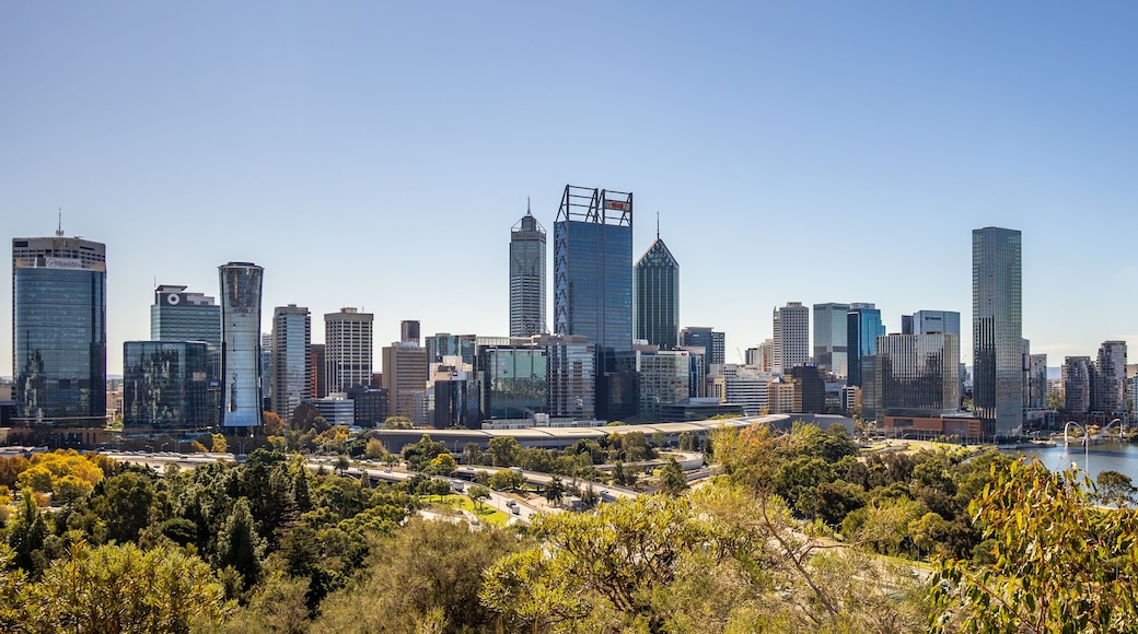 A city skyline with modern skyscrapers, a river, and surrounding greenery.