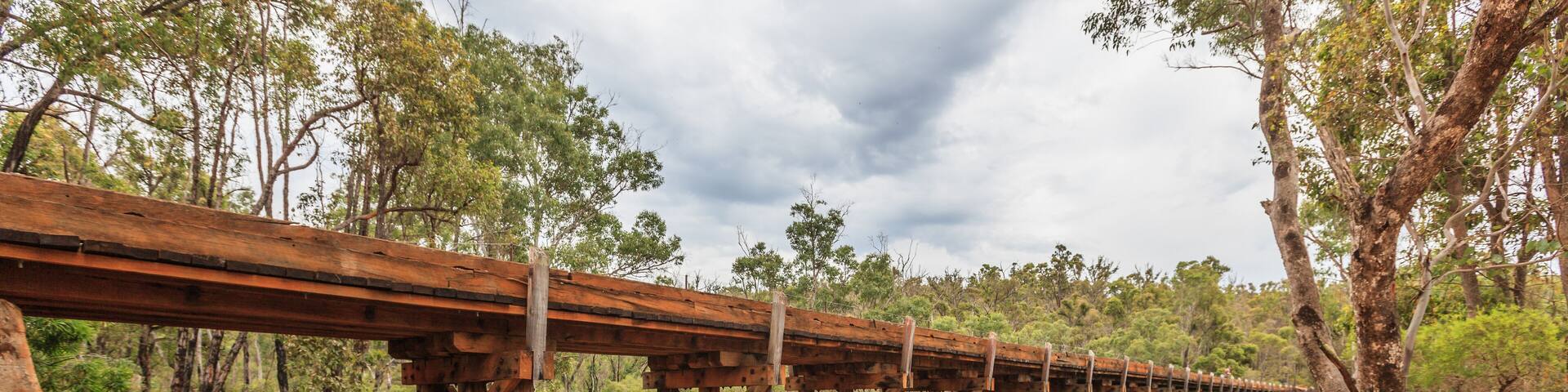 Bibbulmun Track, Long Gully Bridge, Lower Hotham, Western Australia, Australia, 12 december 2011: Historic bridge over the Murray River destroyed by Lower Hotham forest fire February 2015