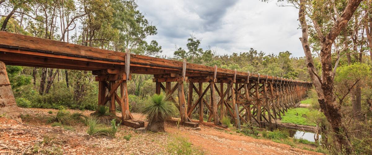 A wooden bridge over a river in a forested area.
