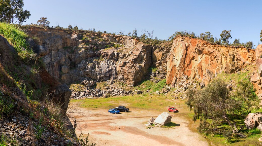 A rocky cliff with a steep drop, surrounded by greenery and trees.