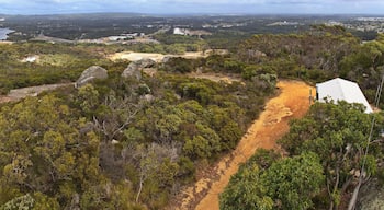 Un paisaje costero con bosque denso, un sendero de tierra y un edificio blanco.