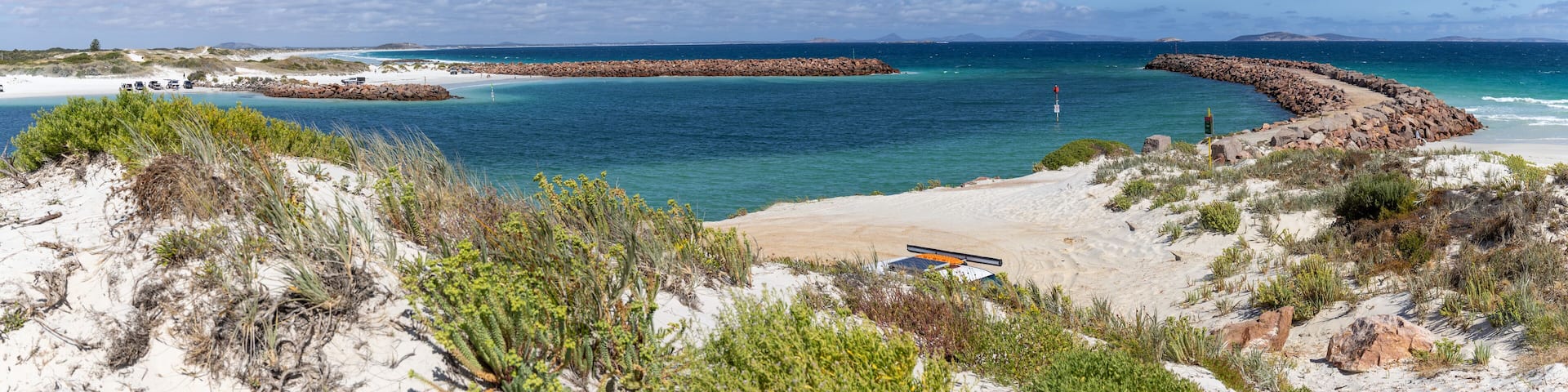 A panoramic view over the entrance to Bandy Creek fishing boat harbor, Esperance Western Australia.