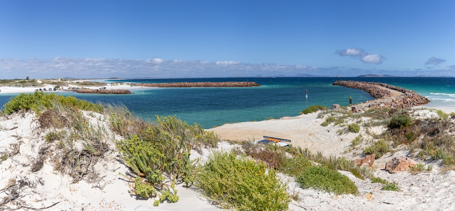 A panoramic view over the entrance to Bandy Creek fishing boat harbor, Esperance Western Australia.