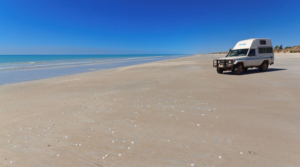 The Eighty Mile Beach.
WOW!
That's a ver, very long beach. And it's really beautyful. The sand is very fine and when we have been there, it was almost empty.
Theree is a caravan park behind the dunes.