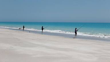 You don't need a 4x4 to drive the long dirt road, but it's a bumpy ride! The turquoise waters at the end make it worth while. Fishermen line the beach, but be careful if you swim - I saw a shark in the shallows as I sunbathed!
#BeachBound