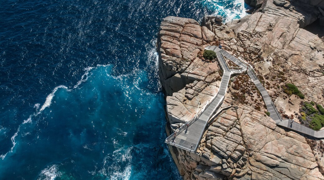 A coastal cliff with a winding pathway and a rocky shoreline.
