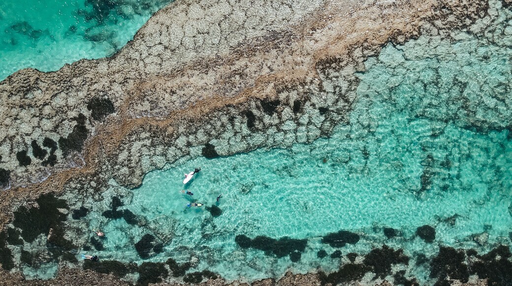 A coastal landscape with clear turquoise waters, rocky formations, and a person surfing.