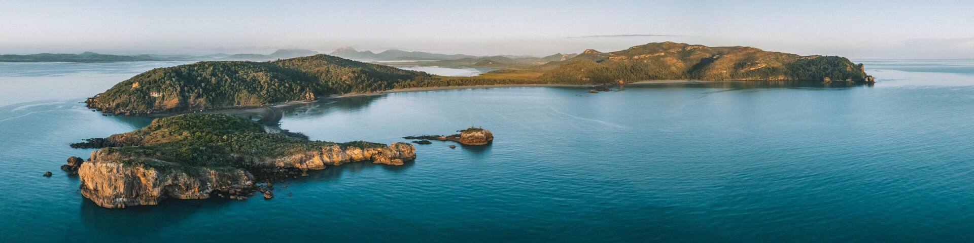 Panorama aerial view of Cape Hillsborough National Park with views of Wedge Island