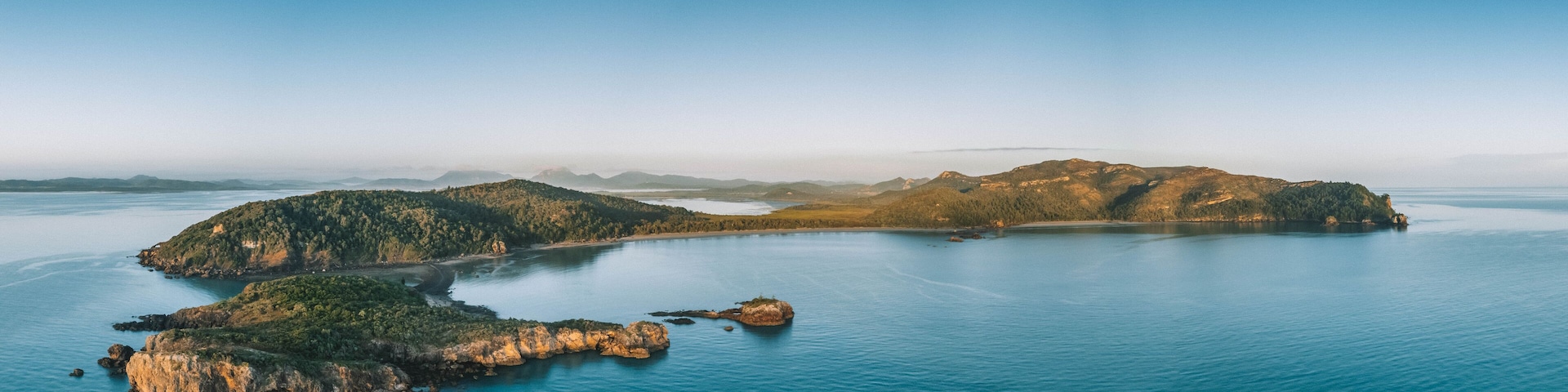 Panorama aerial view of Cape Hillsborough National Park with views of Wedge Island