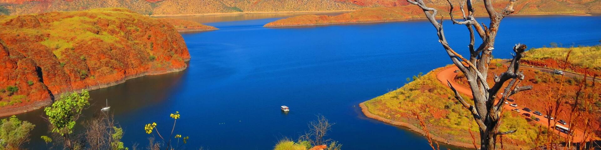High up View of beautiful Lake Argyle nearby Kununurra, West Australia on a warm sunny day with blue skies