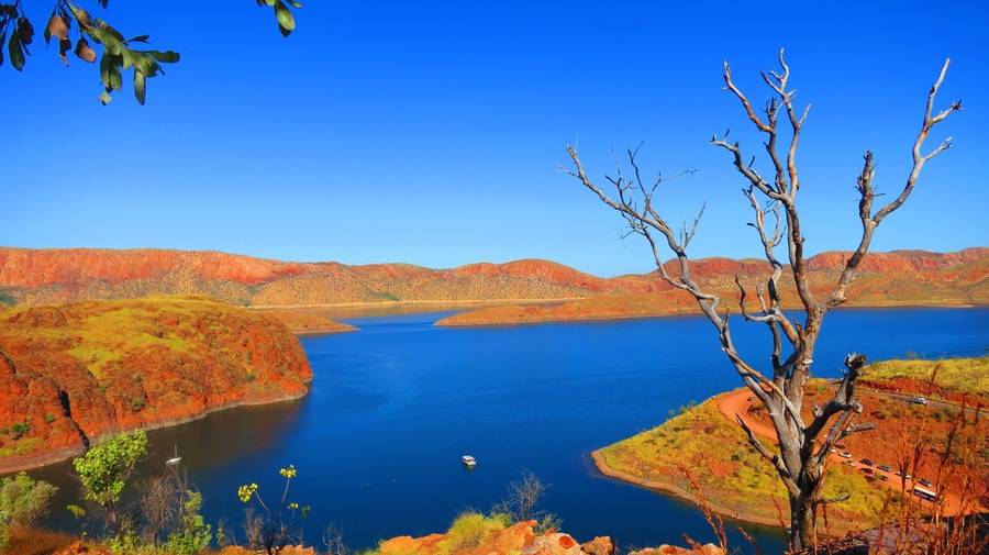 High up View of beautiful Lake Argyle nearby Kununurra, West Australia on a warm sunny day with blue skies