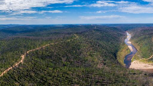 Wide aerial panorama of Snowy River National Park on a summer day