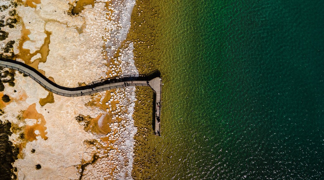 An aerial view of a coastal area with a winding road along the beach, clear water, and a sandy shoreline with some vegetation.