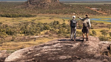 Two people standing on a rock overlooking a landscape with a hill and water bodies.