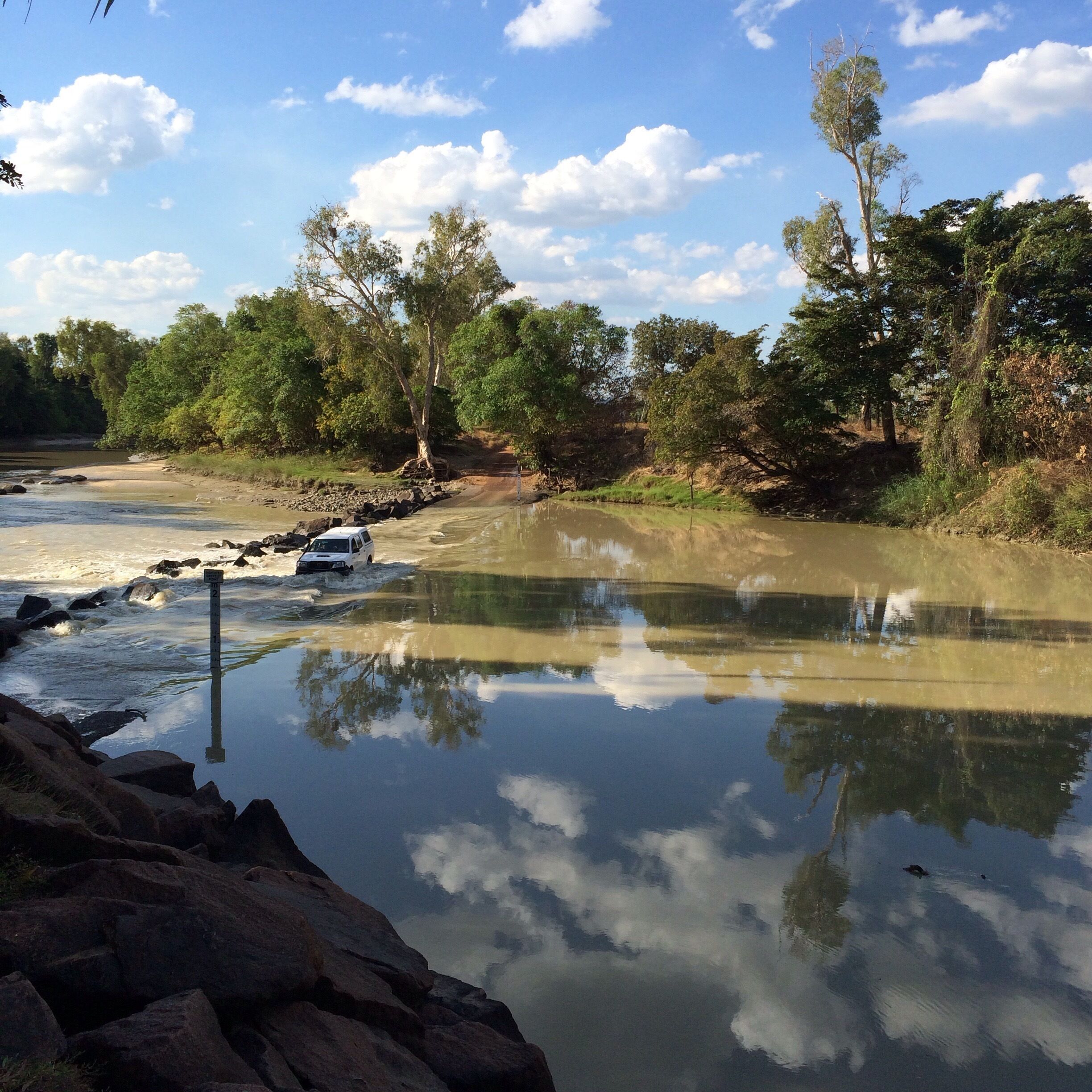 Cahills Crossing over the East Alligator River in Kakadu #NationalPark.  
A car drivers #waterlust, but don't stop because of the saltwater crocs!
I was fascinated and watched many cars here, both 2WD and 4WD, when on my recent #roadtrip in the Top End of the #NorthernTerritory, Australia.  
#UnescoWorldHeritageSite
#Kakadu
Loved being mesmerised by the water reflections!
My trusty #iPhoneonly again!
#BestOf5