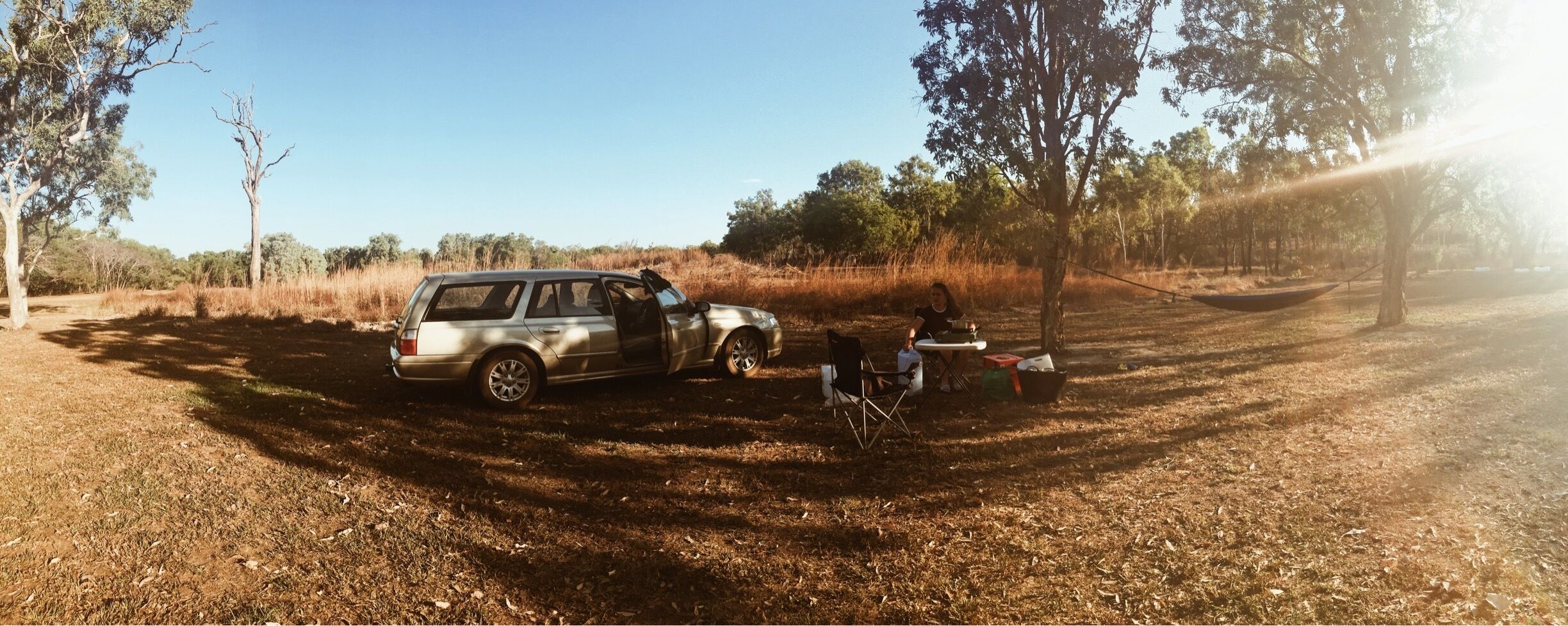 A silver SUV parked in a dry grass field with trees in the background.