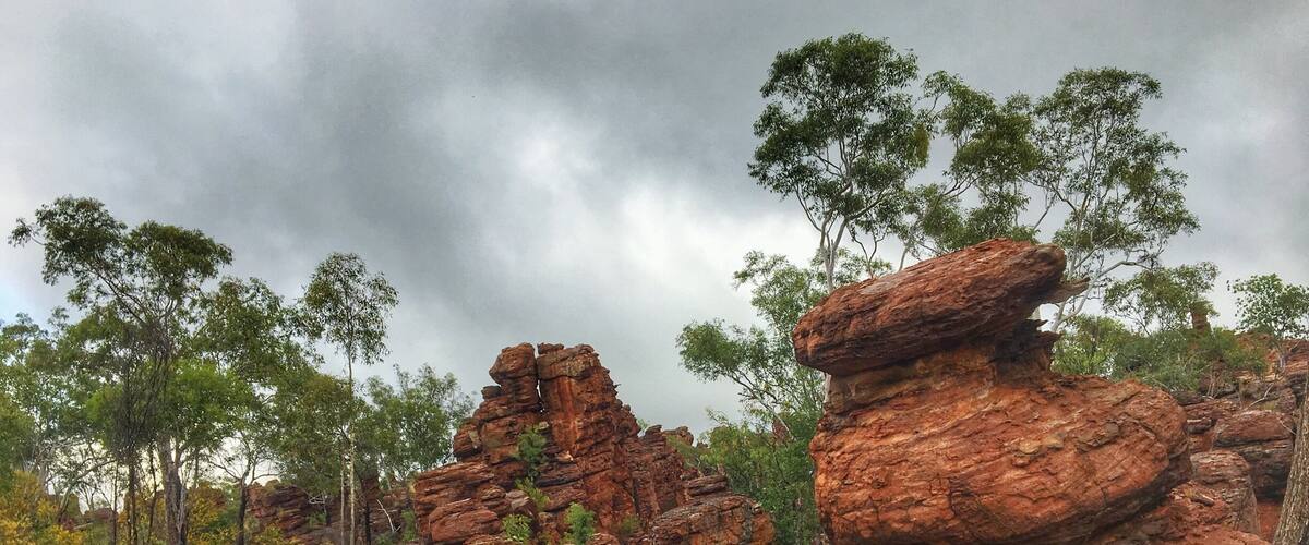 A rocky landscape with prominent red rock formations and green trees.