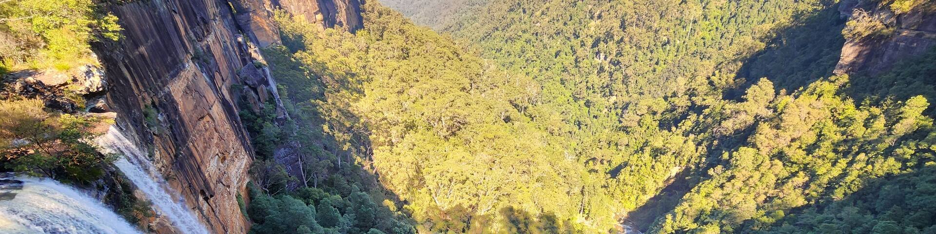 A waterfall cascading down a steep cliff surrounded by dense forest.