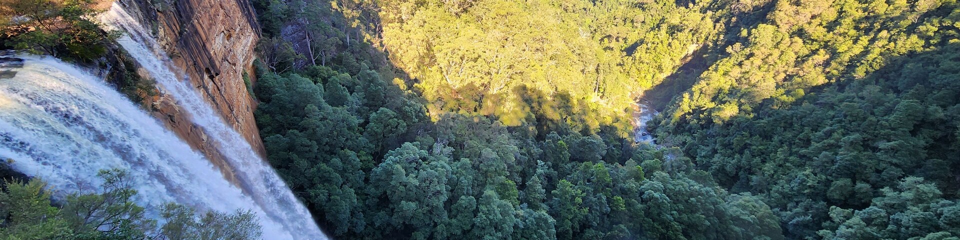 A waterfall cascading down a steep cliff surrounded by dense forest.