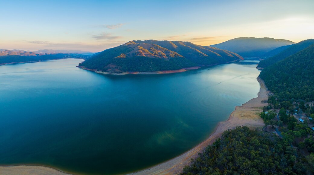 Aerial panoramic landscape of scenic Lake Burrinjuck at sunset. New South Wales, Victoria, Australia