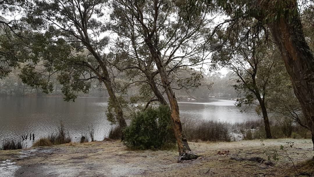 A serene lake surrounded by trees and a sandy shore.