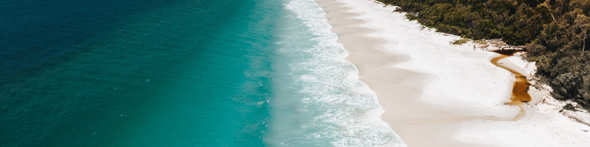 Paisagem costeira com praia de areia branca, águas azul-turquesa e uma colina arborizada ao fundo.