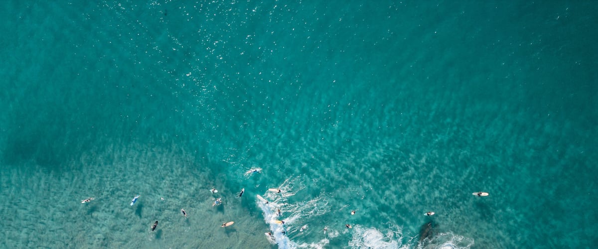 Overhead shot of surfers at Snapper Rocks, NSW