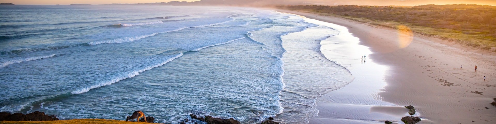 Paisagem costeira com ondas, uma praia de areia e uma colina gramada.