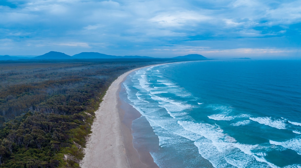 Aerial panorama of Crowdy Bay coastline. Crowdy Head, New South Wales, Australia