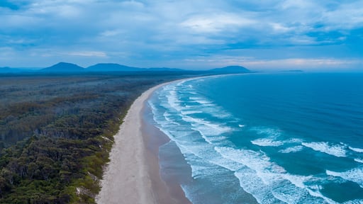 Aerial panorama of Crowdy Bay coastline. Crowdy Head, New South Wales, Australia