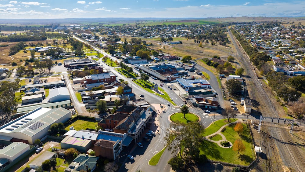 Junee NSW Broadway Street Northbound with railway