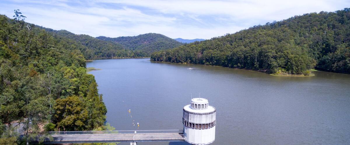 Aerial view of Lake Clarrie Hall, a water supply dam in the Northern Rivers of NSW.