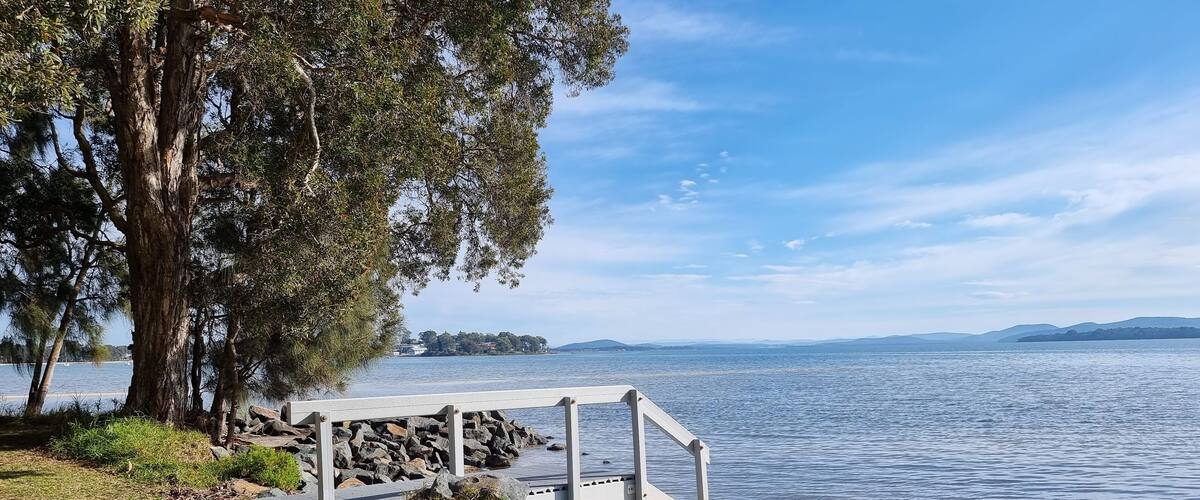 A wooden deck by a lake with trees and a distant island.