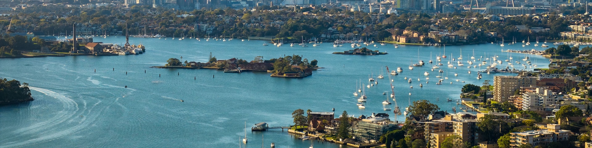 Paisagem urbana costeira com um porto cheio de barcos, um horizonte urbano denso e uma torre imponente.