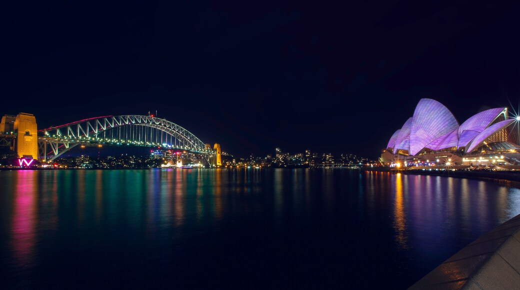 The Sydney Opera House and the Sydney Harbour Bridge at night.