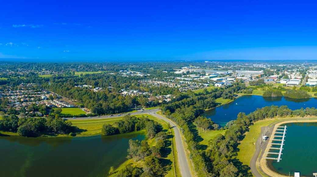 Aerial panoramic photograph of the greater Penrith precinct and the wetlands and landscape around the Sydney International Regatta Centre in the city of Penrith in New South Wales, Australia
