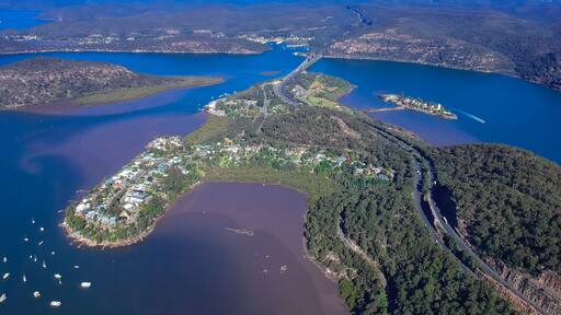 Panoramic drone aerial view of Mooney Money Hawkesbury River in NSW Australia beautiful blue and green colours