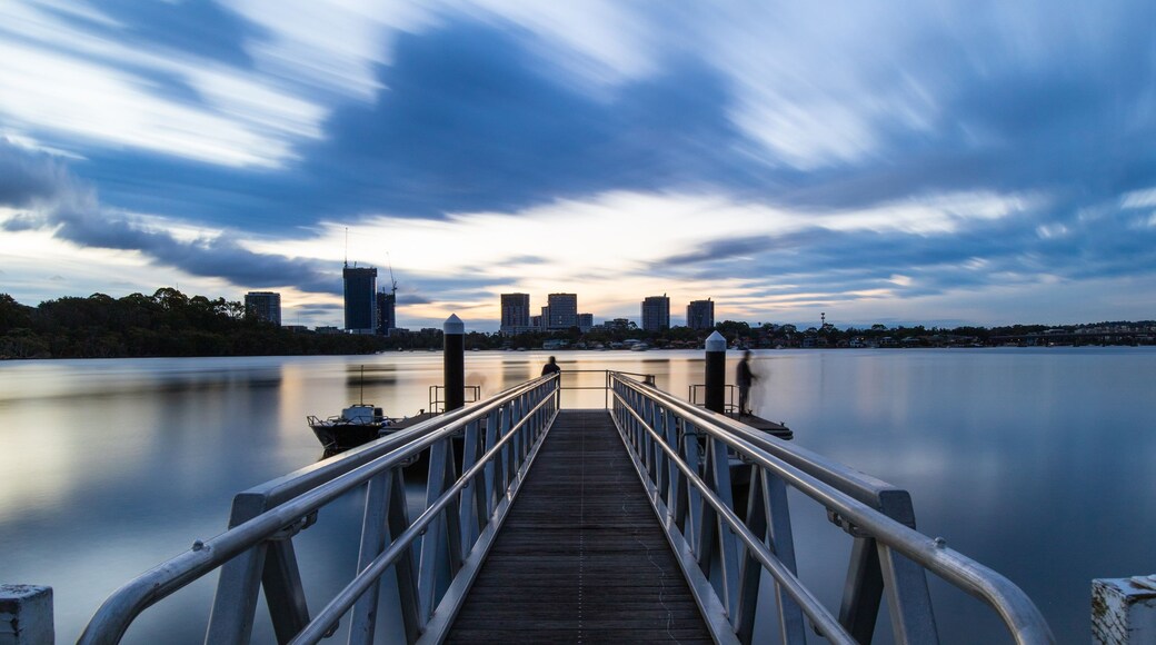 Cloudy sky over a jetty at Parramatta River, Sydney, Australia.