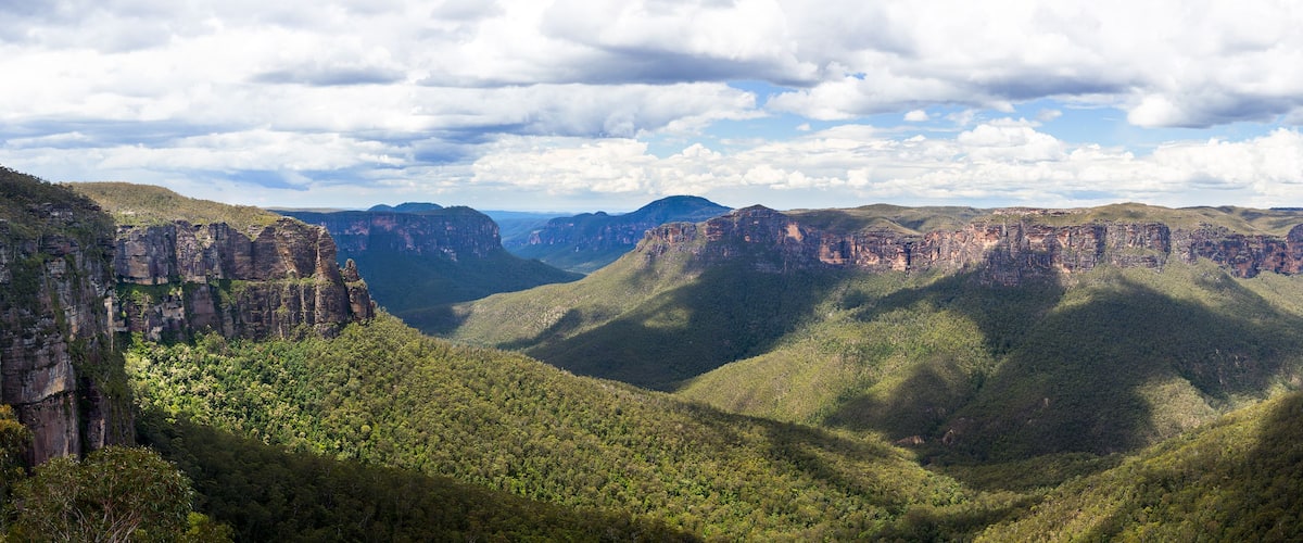 A canyon landscape with steep cliffs and dense green vegetation.