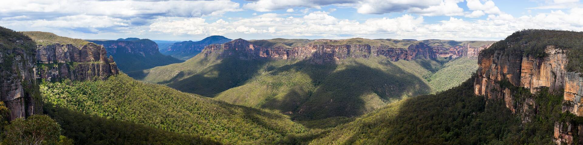 A canyon landscape with steep cliffs and dense green vegetation.